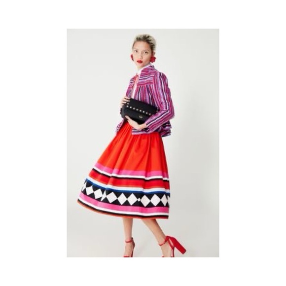 Kate Spade - Red Multi Haute Stuff Geo Border Poplin A-line Midi Skirt - Picture 3 of 9
